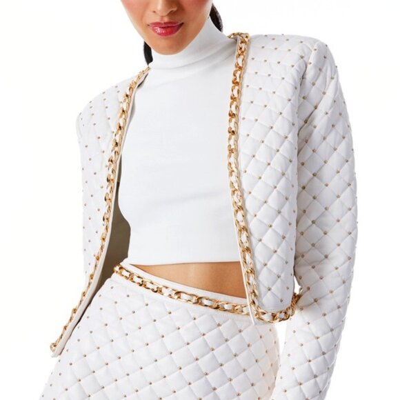 Alice + Olivia Jackets & Blazers - Alice + Olivia [NWT] Zeta Quilted White Vegan Leather Jacket Gold Tone Trim